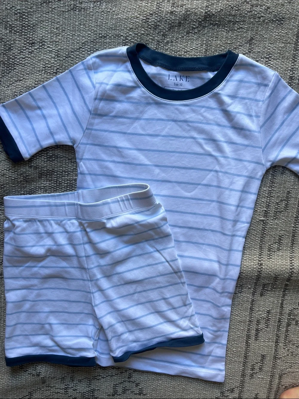 Kids Light Blue & White Striped Short Pajama Set with Navy Trim